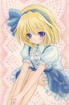  alice_margatroid alice_margatroid_(pc-98) blonde_hair blue_eyes blush bow buttons dress_shirt frills hair_ribbon hands_together lace legs_up light_smile looking_at_viewer millipen_(medium) own_hands_together pastel_(medium) pink_background puffy_sleeves ribbon shirt short_hair short_sleeves sitting skirt solo tetrak touhou touhou_(pc-98) traditional_media watercolor_(medium) 