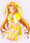  adapted_costume bikini_bottom blush boots bow brooch choker circlet cure_muse_(yellow) embarrassed eyelashes full_body hair_bow hair_ornament hair_ribbon hands_on_own_chest heart highres jewelry knee_boots kneeling long_hair looking_at_viewer midriff navel orange_hair pink_background pink_eyes precure ribbon sakura_kotetsu shirabe_ako simple_background solo suite_precure tears thigh_gap white_background yellow_bow yellow_choker yellow_legwear yellow_ribbon 