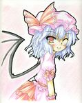  bat_wings blouse blue_hair blush bow calligraphy_brush_(medium) colored_pencil_(medium) hat hat_bow looking_at_viewer millipen_(medium) one_eye_closed outline pink_background puffy_sleeves red_eyes remilia_scarlet short_hair short_sleeves simple_background skirt smile solo touhou traditional_media wings wrist_cuffs yuran_(kuen-hien) 