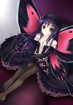  absurdres accel_world black_gloves bug butterfly butterfly_wings detached_sleeves dress elbow_gloves gloves hairband highres insect kuroyukihime long_hair orange_eyes pantyhose purple_hair qiuzhi_huiyi sitting solo wings 