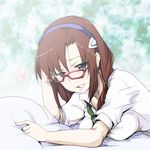  bad_id bad_pixiv_id blue_eyes brown_hair evangelion:_2.0_you_can_(not)_advance glasses hairband heart higata_akatsuki makinami_mari_illustrious necktie neon_genesis_evangelion pillow rebuild_of_evangelion solo tongue tongue_out 