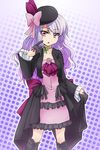  anti_(untea9) aquarion_(series) aquarion_evol beret blush boots bow cheek_poking cravat crea_dorosera dress dress_lift gloves half_gloves hat hat_bow long_hair poking polka_dot polka_dot_background purple_hair red_eyes ribbon solo wavy_hair 