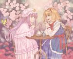  alice_margatroid bad_id bad_pixiv_id blonde_hair blue_eyes bug butterfly capelet chair cup flower hat insect long_hair multiple_girls nazuki_nazu open_mouth patchouli_knowledge purple_eyes purple_hair short_hair sitting smile table teacup teapot touhou 