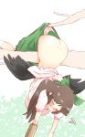  1girl arched_back arm_cannon ass back bird_wings black_wings blush bow breasts brown_hair cape dimples_of_venus eyes_closed green_bow green_skirt hair_bow hanging highres in_tree long_hair no_bra non_(z-art) nose_blush panties panty_pull puffy_short_sleeves puffy_sleeves reiuji_utsuho shirt shirt_lift short_sleeves sideboob sidelocks skirt skirt_pull socks solo squiggle sweat touhou tree tree_branch underwear weapon white_cape white_legwear white_panties wings 