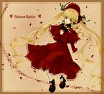  bad_id bad_pixiv_id blonde_hair blue_eyes bonnet border capelet dress german hand_on_own_chest long_hair mikanniro ranguage red_capelet red_dress rozen_maiden shinku solo translated twintails 