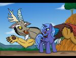  discord_(mlp) draconequus equine female feral friendship_is_magic himanuts horn male mammal my_little_pony paws princess_luna_(mlp) tree unicorn winged_unicorn wings wood 