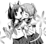  animal_ears blush cat_ears cat_tail cheek_licking closed_eyes copyright_request face_licking flat_chest greyscale licking monochrome multiple_girls nagisa_honoka tail uniform yuri 