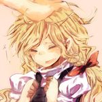  bad_id bad_pixiv_id blonde_hair bow braid closed_eyes hair_bow hand_on_another's_head hands kirisa_(yuki) kirisame_marisa messy_hair no_hat no_headwear open_mouth out_of_frame petting portrait single_braid solo_focus touhou 
