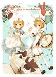  1girl :o alice_(wonderland) alice_(wonderland)_(cosplay) alice_in_wonderland animal_ears balloon birdcage blonde_hair blue_eyes book brother_and_sister bunny_ears cage card copyright_name cosplay dress grin hair_ornament hairband hairclip hat holding holding_hand holding_hands kagamine_len kagamine_rin mikanniro open_book playing_card siblings smile stopwatch thighhighs twins vocaloid watch white_rabbit white_rabbit_(cosplay) 