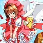  bad_id bad_pixiv_id brown_hair card cardcaptor_sakura clow_card dress glove_bow gloves green_eyes hat kero kinomoto_sakura magical_girl petals pink_hat ruchi short_hair wand white_gloves wings 