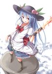  blue_hair boots cloud colored_eyelashes flat_chest food fruit gurasion_(gurasion) hat highres hinanawi_tenshi keystone leaf long_hair looking_at_viewer open_mouth peach red_eyes skirt smile solo sword_of_hisou touhou wrist_cuffs 
