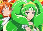  blonde_hair choker crossed_arms cure_march cure_peace cure_sunny double_v emphasis_lines eyelashes green_choker green_eyes green_hair hair_tousle hino_akane_(smile_precure!) kise_yayoi long_hair magical_girl midorikawa_nao multiple_girls orange_hair precure smile_precure! taroimo_(takesan) tiara v 