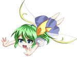  blue_eyes daiyousei full_body green_hair hair_ribbon lying on_stomach open_mouth ribbon side_ponytail smile solo takorice touhou transparent_background wings 