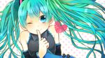 aqua_eyes aqua_hair bare_shoulders detached_sleeves finger_to_mouth hatsune_miku heart highres long_hair mochizuki_mina necktie one_eye_closed smile solo twintails vocaloid 