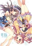  atelier_(series) atelier_meruru atelier_totori bare_legs barefoot blonde_hair blue_eyes blue_skirt blue_sleeves brown_eyes brown_hair character_doll detached_sleeves frills german gino_knab hairband half_updo lias_falken long_hair merurulince_rede_arls mizuki_(hmndk) multiple_girls rotational_symmetry skirt totooria_helmold translated upside-down white_background yellow_skirt 