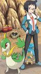  adjusting_eyewear black_eyes black_hair cheren_(pokemon) darumaka gen_5_pokemon glasses hand_in_pocket male_focus outdoors panpour pokemoa pokemon pokemon_(creature) pokemon_(game) pokemon_bw rock sandile servine standing 