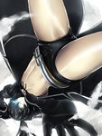  belt bikini_top black_hair black_rock_shooter black_rock_shooter_(character) blue_eyes flat_chest foreshortening looking_at_viewer midriff navel perspective reaching shiny shiny_skin shiromi_(ringo) short_shorts shorts solo thighs toned 