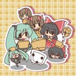  6+girls :d amami_haruka aqua_hair black_hair bow box brown_eyes brown_hair cardboard_box crossover detached_sleeves dual_persona fushigi_ebi green_eyes hachune_miku hair_bow hair_tubes hakurei_reimu hatsune_miku headset holding idolmaster idolmaster_(classic) long_hair multiple_crossover multiple_girls necktie niconico nonowa o_o open_mouth plaid plaid_background skirt smile solid_oval_eyes standing standing_on_one_leg terebi-chan touhou twintails vocaloid yukkuri_shiteitte_ne 