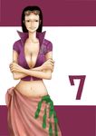  7 black_hair blue_shirt breasts brown_eyes center_opening cleavage collarbone crop_top crossed_arms female floral_print flower glasses glasses_on_head groin hair_slicked_back highres large_breasts long_hair looking_at_viewer lowleg midriff navel nico_robin no_bra one_piece open_clothes open_shirt pink_skirt revealing_clothes sabaody_archipelago sarong shirt short_sleeves skirt smile solo sunglasses sunglasses_on_head unzipped zipper 