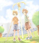  2boys blue_eyes brothers child claus lucas mother_(game) mother_3 multiple_boys nintendo shirt shoes short_hair shorts siblings sneakers striped striped_shirt tonamiko 