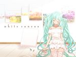  canvas_(object) closed_eyes dress green_hair hatsune_miku long_hair nokko painting palette sitting solo tears thighhighs twintails very_long_hair vocaloid 