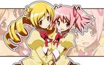  blonde_hair drill_hair hair_ornament hair_ribbon kaname_madoka mahou_shoujo_madoka_magica multiple_girls nyoro_(nyoronyoro000) open_mouth pink_eyes pink_hair ribbon school_uniform short_twintails smile tomoe_mami twintails yellow_eyes zoom_layer 