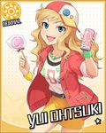  artist_request baseball_cap blonde_hair blue_eyes can card_(medium) character_name cropped_jacket hat idolmaster idolmaster_cinderella_girls jacket jewelry jpeg_artifacts long_hair necklace official_art ootsuki_yui sleeves_rolled_up smile soda_can solo star sun_(symbol) wristband 