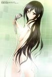  absurdres accel_world bad_proportions black_hair breasts censored convenient_censoring highres kuroyukihime long_hair looking_at_viewer medium_breasts megami non-web_source nude official_art scan shower_head showering sideboob solo tabata_hisayuki tiles very_long_hair 