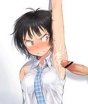 angry arm_up armpit_sex armpits bare_shoulders black_hair blush censored cum cum_on_body cum_on_upper_body face grimace nanaichi necktie original penis plaid red_eyes see-through shadow shirt short_hair sleeveless sleeveless_shirt solo_focus sweat tears upper_body white_background 