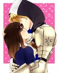  1girl armor arthur_pendragon_(fate) bad_id bad_pixiv_id blonde_hair blue_eyes blush brown_hair couple fate/prototype fate_(series) glasses hetero hood hug kotono long_hair sajou_ayaka wavy_mouth 