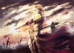  armor bad_id bad_pixiv_id blonde_hair ea_(fate/stay_night) earrings fate/stay_night fate_(series) field_of_blades gate_of_babylon gilgamesh jewelry katagawa_mika male_focus outstretched_hand planted_sword planted_weapon red_eyes solo sword weapon 