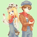  1boy 1girl animal_print apple bad_id bad_pixiv_id blonde_hair blue_eyes brown_eyes brown_hair cow_print cowboy_hat food fruit haruto_(harvest_moon) harvest_moon harvest_moon:_a_new_beginning hat jacket overalls pouch red_scarf rio_(harvest_moon) scarf strawberry 