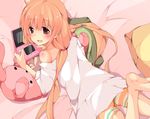  ass barefoot bed blush brown_hair from_above futaba_anzu game_boy handheld_game_console idolmaster idolmaster_cinderella_girls long_hair looking_up lying nintendo_3ds off_shoulder on_bed on_stomach open_mouth pillow plus9 red_eyes solo stuffed_animal stuffed_toy twintails 