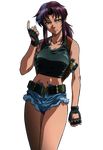  belt black_lagoon breasts brown_eyes brown_hair candycanecroft crop_top cutoffs denim denim_shorts fingerless_gloves gloves gun handgun holster large_breasts long_hair midriff navel official_art open_fly pistol ponytail revy_(black_lagoon) short_shorts shorts shoulder_holster solo tattoo transparent_background unzipped weapon 