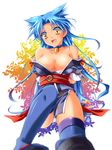  bad_id bad_pixiv_id bare_shoulders bell blue_hair breasts choker cleavage dark_skin fang fingerless_gloves gloves japanese_clothes large_breasts long_hair mayokichi off_shoulder panties pantyshot rance_(series) solo suzume_(rance) thighhighs underwear yellow_eyes 