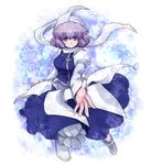  apron bloomers blush boots breasts hat highres jamamichi lavender_hair letty_whiterock medium_breasts purple_eyes scarf short_hair skirt smile snow snowing solo touhou underwear white_scarf 