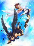  2boys angel bike_shorts blue_eyes child dark_persona dark_pit dual_persona gauntlets kid_icarus kid_icarus_uprising multiple_boys nintendo pit pit_(kid_icarus) short_hair sky tunic wings wreath 