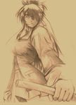  breasts hair_over_one_eye kakashi1920 katana long_hair medium_breasts mitsurugi_ryouko monochrome ponytail real_bout_high_school school_uniform sepia solo sword traditional_media weapon 