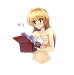  blonde_hair blush box breast_grab breasts collarbone eyebrows_visible_through_hair grabbing green_eyes holding long_hair medium_breasts original parted_lips simple_background solo topless white_background windforcelan 