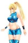  1girl blonde_haior blonde_hair blue_eyes breasts canpy large_breasts metroid midriff ponytail samus_aran simple_background solo 