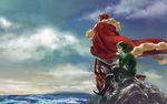  armor beard blue_eyes cape chin_rest facial_hair fate/zero fate_(series) green_hair highres male_focus multiple_boys necktie ocean red_eyes red_hair rider_(fate/zero) rock sitting sky waver_velvet wirttian 