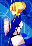  ahoge artoria_pendragon_(all) bad_id bad_pixiv_id blonde_hair closed_eyes dress fate/zero fate_(series) gauntlets hair_ribbon hands_on_hilt invisible_air juliet_sleeves long_sleeves profile puffy_sleeves ribbon saber sc69 solo 