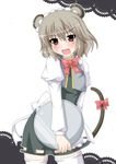  animal_ears apron bow bowtie fang grey_hair maid_headdress masiromu mouse_ears mouse_tail nazrin open_mouth red_eyes solo tail tail_bow thighhighs touhou tray waist_apron white_legwear 