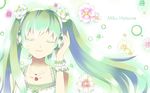  akafuji bad_id bad_pixiv_id character_name closed_eyes flower green_hair hair_flower hair_ornament hatsune_miku headphones jewelry long_hair necklace solo twintails vocaloid 