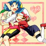  biting biting_clothes blue_hair blush brown_hair chikorita crystal_(pokemon) gen_2_pokemon hat hug jealous kotone_(pokemon) motoji_(hamayarawa) multiple_girls pokemon pokemon_(creature) pokemon_(game) pokemon_gsc pokemon_hgss twintails 