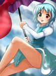  arm_up bare_legs blue_eyes blue_hair blue_sky cloud day flying heterochromia highres holding karakasa_obake knees leg_up long_sleeves looking_at_viewer red_eyes shirt short_hair skirt sky tatara_kogasa tongue tongue_out touhou umbrella vest xting12 