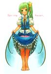  aqua_eyes barefoot bloomers blush daiyousei green_hair petals pointy_ears sachito side_ponytail skirt skirt_basket skirt_lift solo standing tiptoes touhou underwear wings 