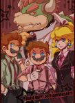  2boys alternate_costume anniversary belt blonde_hair blue_eyes bowser brown_hair casual earrings english facial_hair fangs formal gloves horns jewelry kayako_(bimabima) looking_at_viewer luigi mario mario_(series) multiple_boys mustache necktie princess_peach red_eyes smile suit super_mario_bros. 