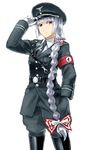  alternate_costume alternate_hairstyle belt bow fujiwara_no_mokou gloves hair_bow hand_in_pocket hat jewelry long_hair military military_uniform nathaniel_pennel nazi red_eyes sam_browne_belt shoulder_belt silver_hair simple_background single_earring solo touhou uniform very_long_hair white_background white_gloves 