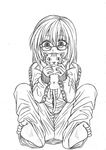  :3 anarogumaaa bad_id bad_pixiv_id barefoot cat glasses greyscale holding monochrome original sketch solo 